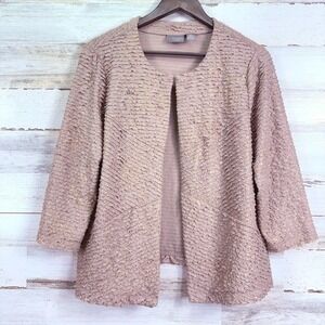 Travelers Collection Chicos Beige Gold Textured Metallic Open Jacket Sz 2/US 12